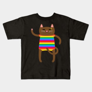 Brown Cat Wearing a Rainbow Striped Onesie One Piece Swimsuit Kids T-Shirt